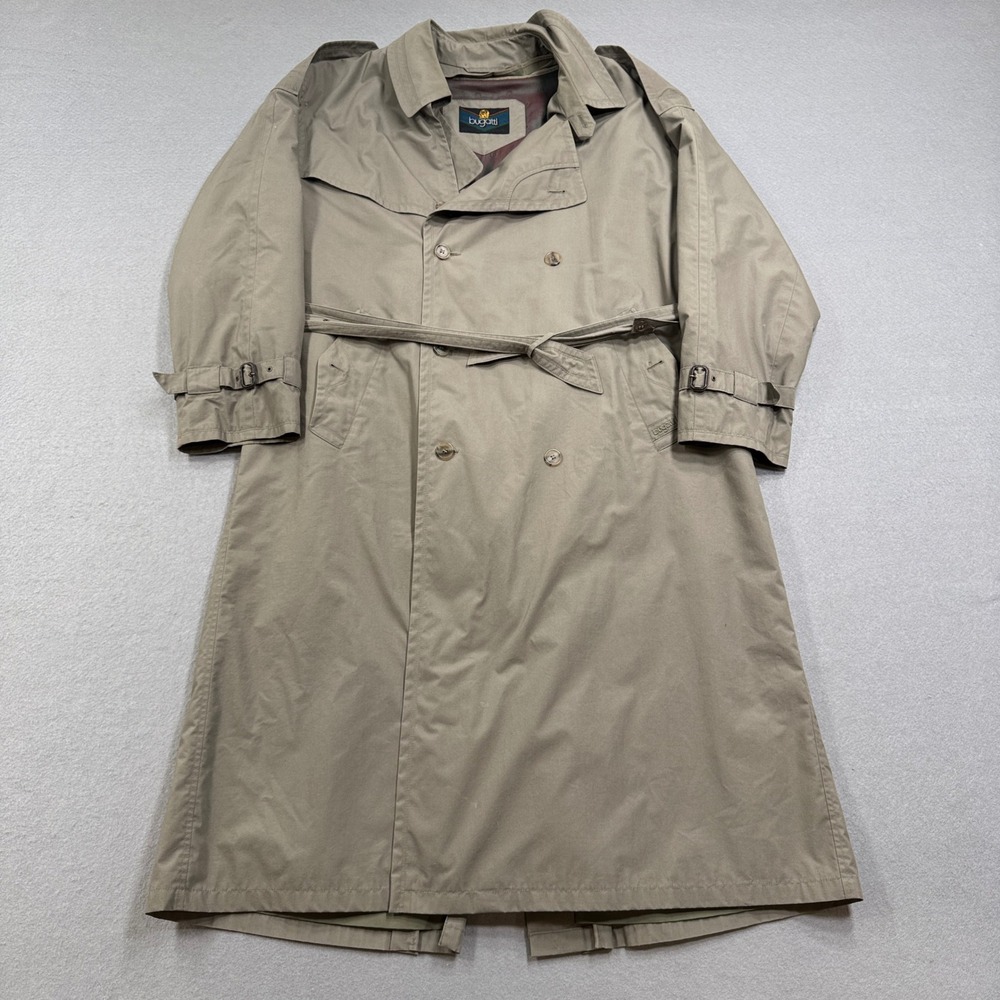 Vintage Bugatti Trench Coat Men's 2XL Khaki Double Breasted Belted Long Overcoat